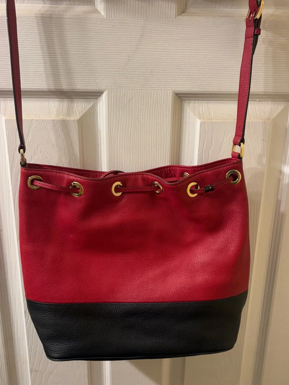 Michael Kors Red and Black Leather Drawstring Shoulder Bag